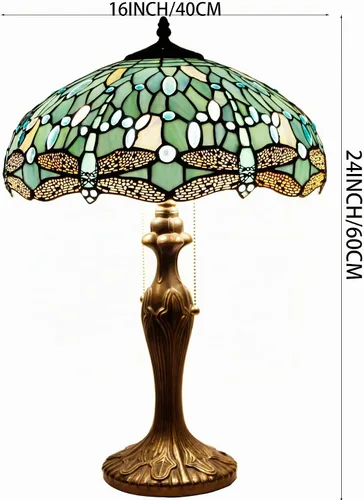 Vista 4 de WERFACTORY Tiffany Lámpara de mesa de noche de cristal azul mar, lámpara de mesa estilo libélula luz de lectura de escritorio, base de metal, 16 x
