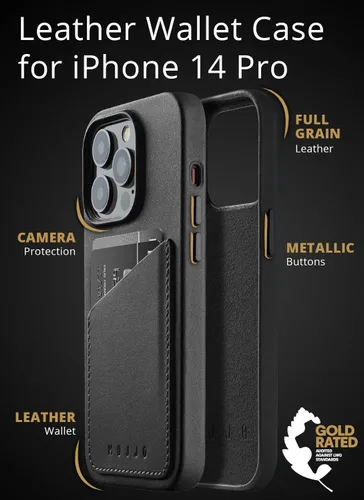 Vista 2 de Mujjo Funda de piel completa para iPhone 14 Pro con tarjetero (negro)