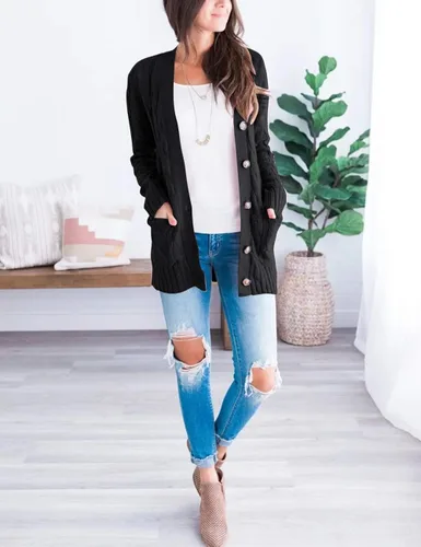 Vista 7 de MEROKEETY - Suéter de punto trenzado y manga larga para mujer, estilo cárdigan abierto al frente, con botones, para otoño, ropa de exterior holgada