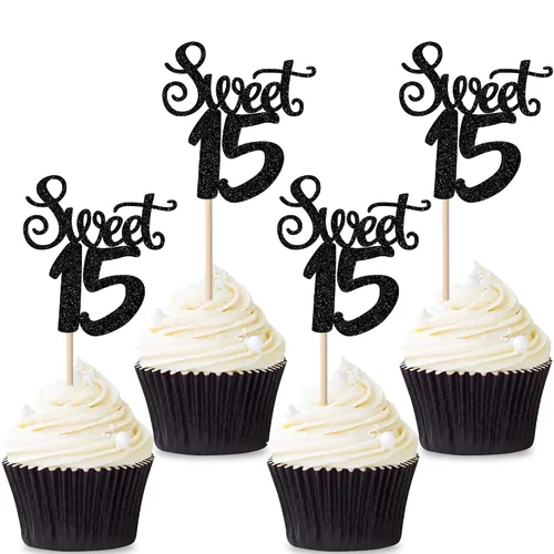 Vista 8 de 36 piezas de adornos para cupcakes con purpurina de 15 años de 15 años para cumpleaños, aniversario, fiesta, suministros de decoración de tartas