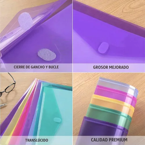 Vista 3 de Sooez Paquete de 6 sobres de plástico, carpetas de archivos de plástico para documentos, carpeta escolar transparente, carpetas de archivos