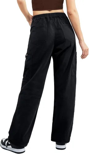 Vista 3 de Pantalones cargo de algodón para mujer, pierna ancha, casual, senderismo, militar, combate, trabajo, con 8 bolsillos