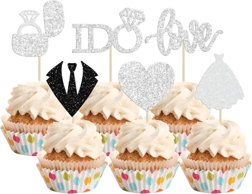 Vista 8 de 24 adornos para cupcakes de boda con texto en inglés «Love I Do» para decorar cupcakes, anillo de corazón, decoración para despedidas de soltera