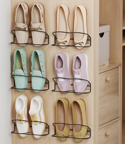 Vista 7 de Zapatero montado en la pared, paquete de 4 unidades, con tiras adhesivas para colgar, almacenamiento de zapatos de pared de metal, organizador