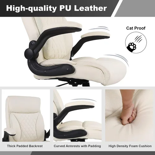 Vista 4 de Youhauchair Silla de oficina ejecutiva, silla ergonómica de piel sintética para computadora con soporte lumbar, reposabrazos abatibles y altura Beige