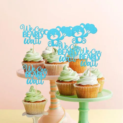 Vista 6 de 24 PIEZAS Oso de Peluche con Texto "We Can Bearly Wait" Adornos de Cupcake con Purpurina, Globo Oso para Revelación de Género, Adornos de Baby