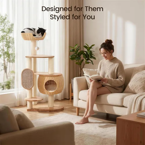 Vista 3 de Árbol de gato moderno, torre para gatos con poste rascador, nidos y cestas de calabaza tejidas a mano, manta de sisal