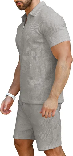 Vista 3 de KUYIGO Conjunto de camisa polo y pantalones cortos para hombre, trajes de verano a la moda, casual, de manga corta, traje de 2 piezas para hombre
