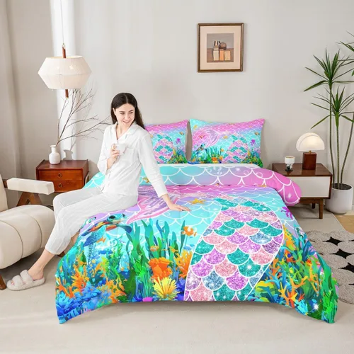 Vista 5 de Feelyou Juego de ropa de cama de sirena suave para niños y niñas, juego de edredón de escamas de peces oceánicos, tamaño individual, edredón