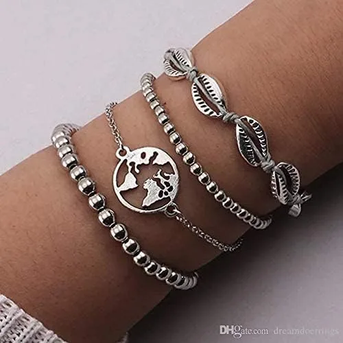Vista 2 de Pulseras de cuentas para mujer apiladas elásticas doradas plateadas pequeñas cuentas de bola delicadas pulseras de eslabones Figaro para él y ella