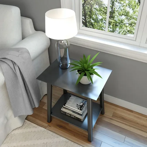 Vista 6 de Plank+Beam Mesa auxiliar de madera con almacenamiento, mesas auxiliares modernas de mediados de siglo para sala de estar, mesita de noche pequeña