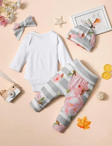 Vista 5 de KANGKANG Ropa de bebé recién nacida Hi I'm New Here, traje para recién nacido, mameluco para bebé, pantalones florales, lindos trajes de bebé niña