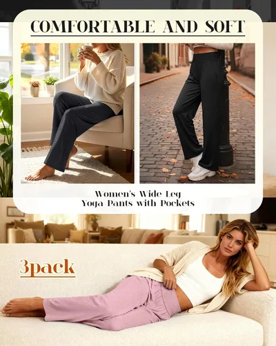 Vista 2 de Neer - Conjunto de 3 pantalones de yoga de pierna ancha para mujer - Pantalones deportivos cómodos, holgados, de cintura alta y casuales