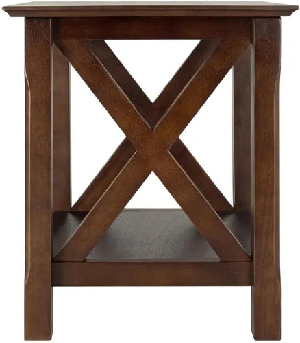 Vista 4 de Furnifact Mesa auxiliar, acabado marrón, paneles estilo X, estante de almacenamiento inferior, madera sólida/compuesta, capuchino, mesa de acento