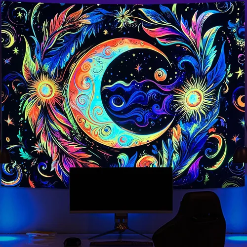 Vista 15 de Spenlife Blacklight - Fantástico tapiz de gato negro, tapiz de pared de gato reactivo que brilla con rayos UV para decoración de habitación, tapiz