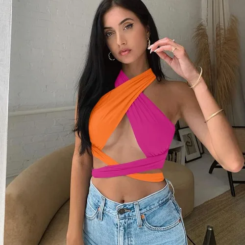 Vista 3 de ZAFUL - Ombliguera cruzada estilo halter de tejido acanalado para mujer camiseta sin mangas tipo con diseño fruncido y con lazos