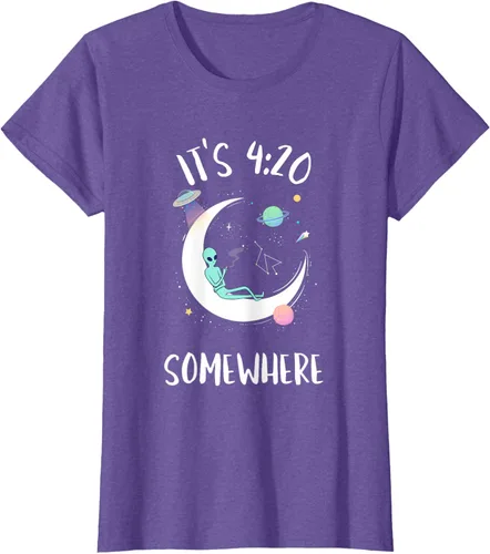 Vista 18 de Funny Weed Joint Smoking Moon Alien It's 4:20 Somewhere Camiseta, Negro, S