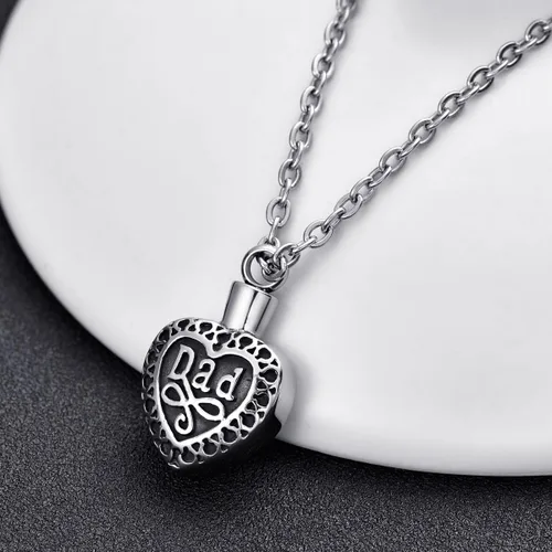 Vista 16 de Collar de urna conmemorativa de acero inoxidable para cenizas con texto en inglés "Dad in Heart", Acero inoxidable