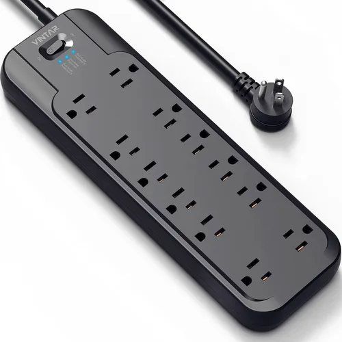 Vista 8 de VINTAR - Protector contra sobretensiones (2 × 4800 julios) con 12 tomas de CA 1875W Output, 6FT Long Extension Cord Flat Plug with Dual Surge
