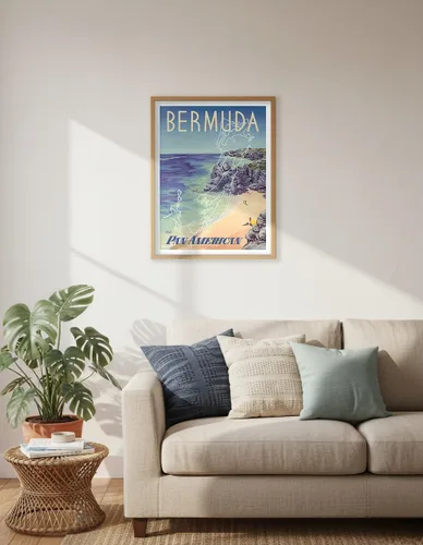 Vista 6 de Bermuda - via Pan American World Airways - Vintage Airline Travel Poster by Loweree c.1953 - Fine Art Rolled Canvas Print 11in x 14in