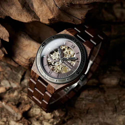 Vista 5 de BOBO BIRD Relojes de madera para hombre, reloj mecánico de esqueleto, relojes de pulsera ligeros de lujo con correa de madera natural de colección