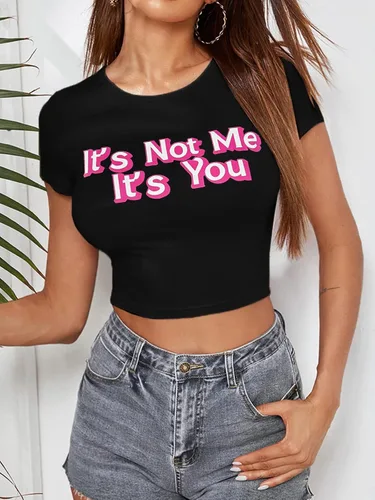 Vista 2 de Hilinker Camiseta corta de manga corta con cuello redondo y estampado de letras para mujer