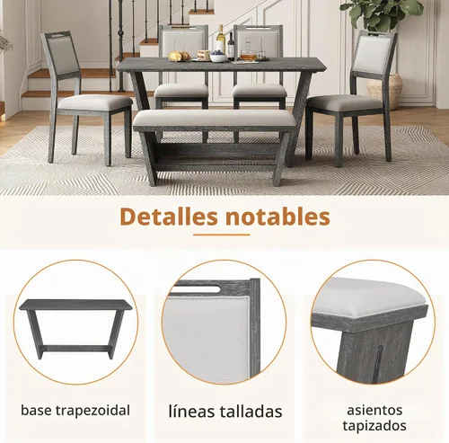 Vista 4 de Merax Juego de comedor retro de 6 piezas, 1 mesa rectangular con base de mesa trapezoidal estable y 4 sillas tapizadas y 1 banco para comedor