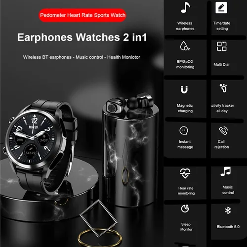 Vista 3 de Tuanzi Reloj inteligente T10 con auriculares 1.28 pulgadas 2 en 1 Smartwatch integrado inalámbrico combinado TWS HiFi auriculares estéreo Monitor