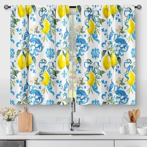 Vista 9 de Aimego Cortinas de Cocina de Eucalipto Primaveral - Hojas de Plantas de Acuarela Floral Azul con Cortinas de Nivel Botánico Floral para Cafetería
