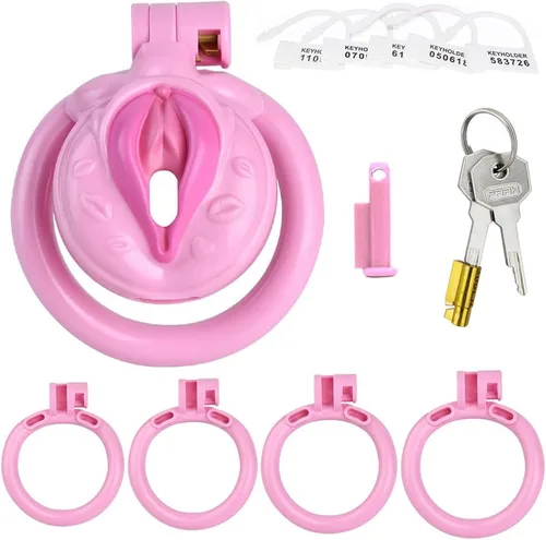 Vista 10 de Heuceo Jaula de castidad negativa invertida para hombre con 4 anillos, cerradura plana de dispositivo de castidad para hombres pequeños, diseño