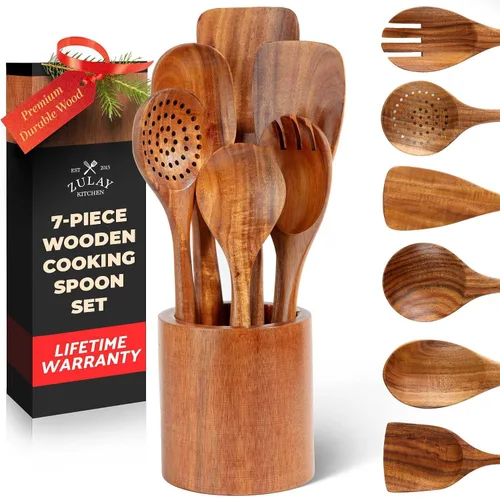 Vista 17 de Zulay Kitchen Juego de 5 cucharas de madera extragrandes - Utensilios de cocina de teca lisa - Cucharón, espátula, espumadera, tenedor, cuchara
