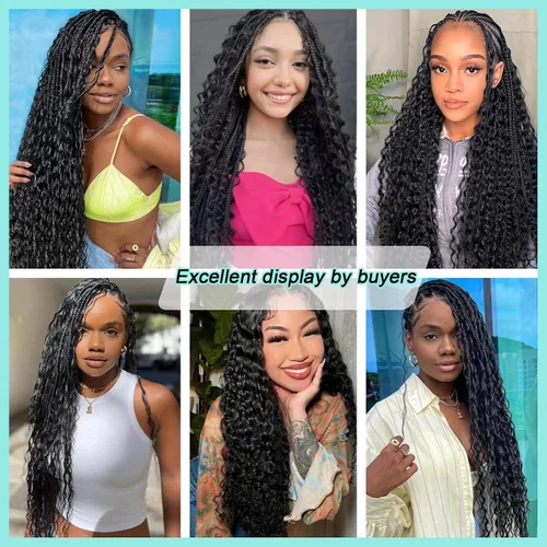 Vista 6 de Mezcla de cabello humano para trenzar, cabello sintético rizado bohemio para trenzar, trenzas bohemias de 16 pulgadas, 4 paquetes de 110g/paquete
