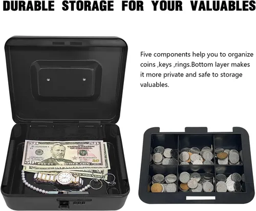 Vista 4 de Caja de efectivo de acero seguro con cerradura de combinación y bandeja extraíble, organizador de dinero de metal para uso doméstico y oficina