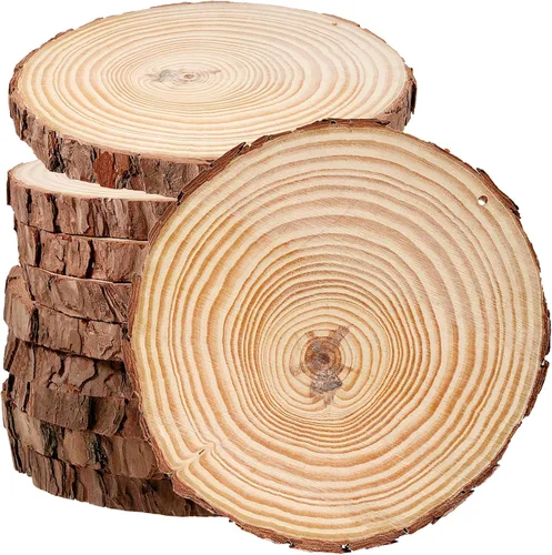 Vista 12 de JEUIHAU 6 piezas de rebanadas de madera natural sin terminar de 8 a 10 pulgadas, discos redondos de madera para corteza de árbol, círculos de madera