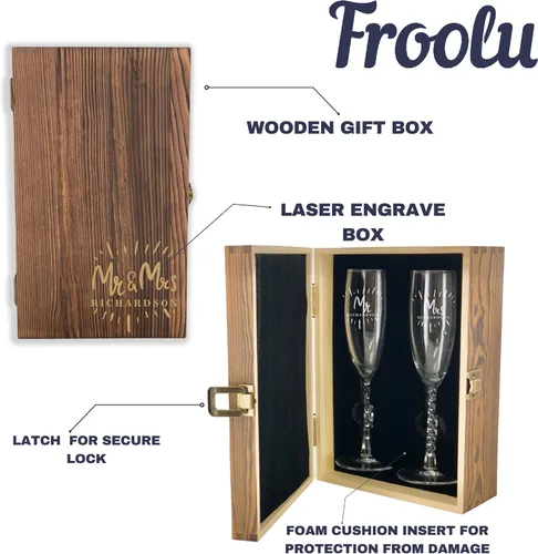 Vista 7 de Mr and Mrs - Juego de copas de champán con caja de madera grabada, elegantes copas de brindis de boda, regalo para novia y novio, compromiso