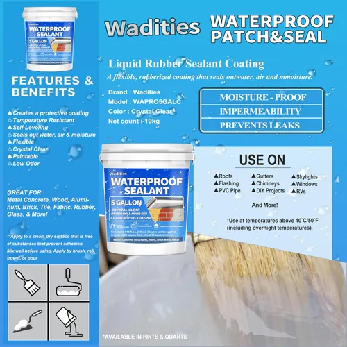 Vista 3 de Sellador Impermeable Líquido Transparente - 5 Galones, Wadities Recubrimiento Impermeable a Base de Agua para Pared, Baño, Techo, Parche Invisible