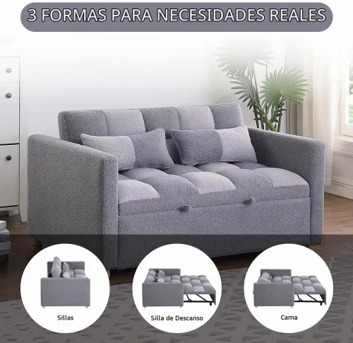 Vista 4 de Sofá cama biplaza, sofá cama convertible 3 en 1, sofá cama extraíble con respaldo ajustable, sillón multifuncional con tela de peluche para sala