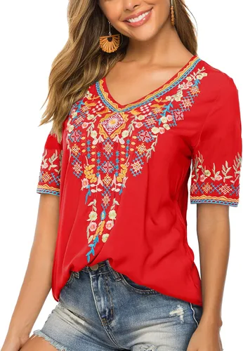 Vista 4 de Vakakado Blusas bordadas estilo campesino mexicano bohemio de manga corta para mujer estilo hippie