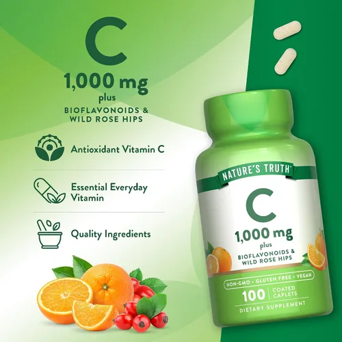 Vista 5 de Bioflavonoides de vitamina C y rosa HIPS 1000 mg 100 cápsulas Vegetariano, sin OMG, sin gluten por Nature's Truth