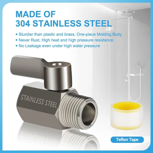 Vista 3 de Válvula de cierre de cabezal de ducha con palanca de mango largo, 1/2" NPT acero inoxidable 1/4-Turn Mini Ball Valve, 304 Stainless Steel