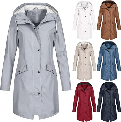 Vista 3 de Abrigos de lluvia para mujer, talla grande, impermeable, con capucha, rompevientos, ligero, bolsillos con cordón