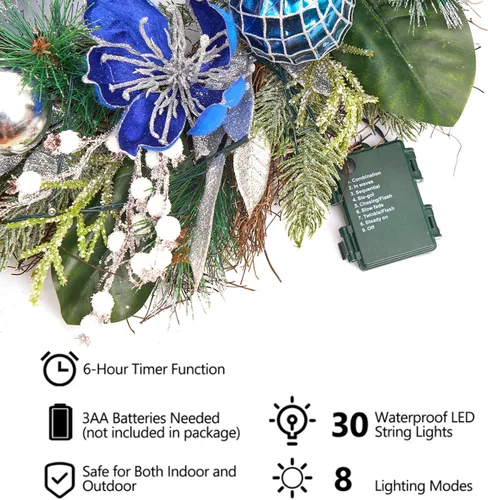 Vista 6 de Corona de Navidad preiluminada para puerta delantera con temporizador, 20 luces, corona de Navidad iluminada, bola de Navidad azul plateado
