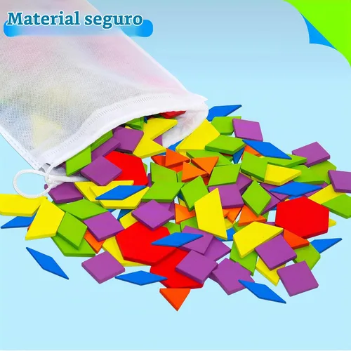 Vista 5 de 155 PIEZAS Juego de Bloques de Patrón de Madera, 24 Tarjetas de Diseño Doble Cara (48 Patrones) Rompecabezas de Forma Geométrica Divertido Tangram