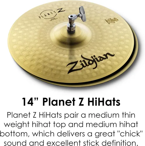Vista 3 de Zildjian ZP4PK Planet Z - Paquete completo de platillos de 14/16/20 pulgadas Crash and Ride Included, Drum Set Starter Kit for New Players, Bright