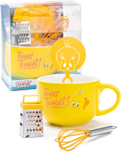 Vista 3 de LOONEY TUNES Juego de regalo de la cocina del hogar de la taza del capuchino de Tweety amarillo de la plantilla de la taza