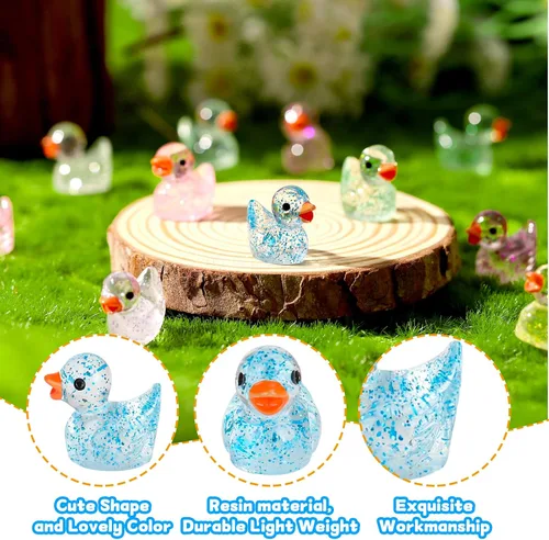 Vista 3 de Fuyamp - 120 mini patos de resina, lindas figuras de pato en miniatura coloridas para proyectos de bricolaje, acuario, decoración del hogar