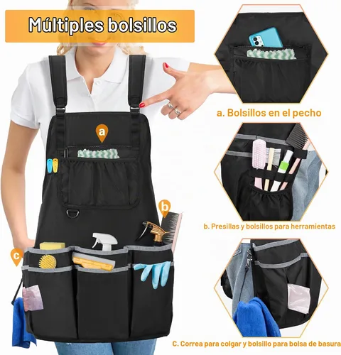 Vista 3 de HODRANT Delantal de limpieza con correas de hombro dobles con múltiples