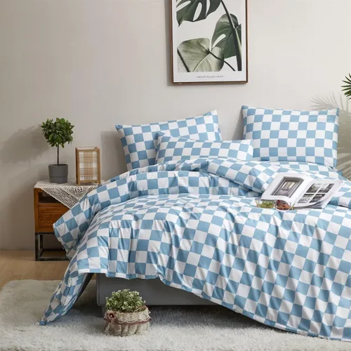 Vista 2 de Houseri Juego de funda de edredón de tamaño individual a cuadros azul claro y blanco para niños, juego de cama azul bebé para niños y niñas, juego