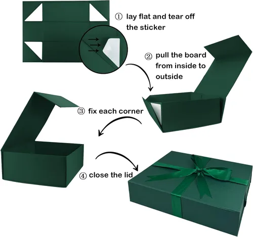 Vista 4 de YINUOYOUJIA Cajas de regalo de 13.8 x 10.5 x 3 pulgadas, caja de regalo grande con tapas, cinta y tarjeta, cajas de camisa plegables verdes, regalos