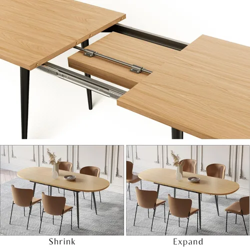 Vista 5 de Mesa de comedor extensible de 75 x 32 pulgadas, mesa ovalada de madera con patas de metal, ahorro de espacio, extensible de 59 a 75 pulgadas